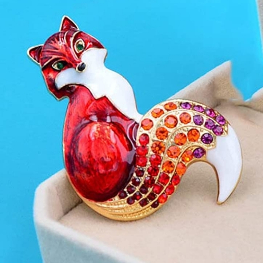 Red fox brooch pin necklace pendant enamel crystals fall woodland animal New